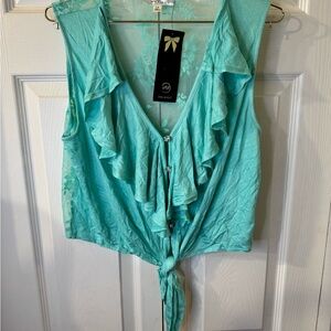 Iris Basic Turquoise Ruffled Tie-Front Blouse